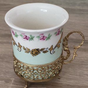 Mini Teacup with Gold Colored Metal Base and Handle - Vintage - Used as Decor